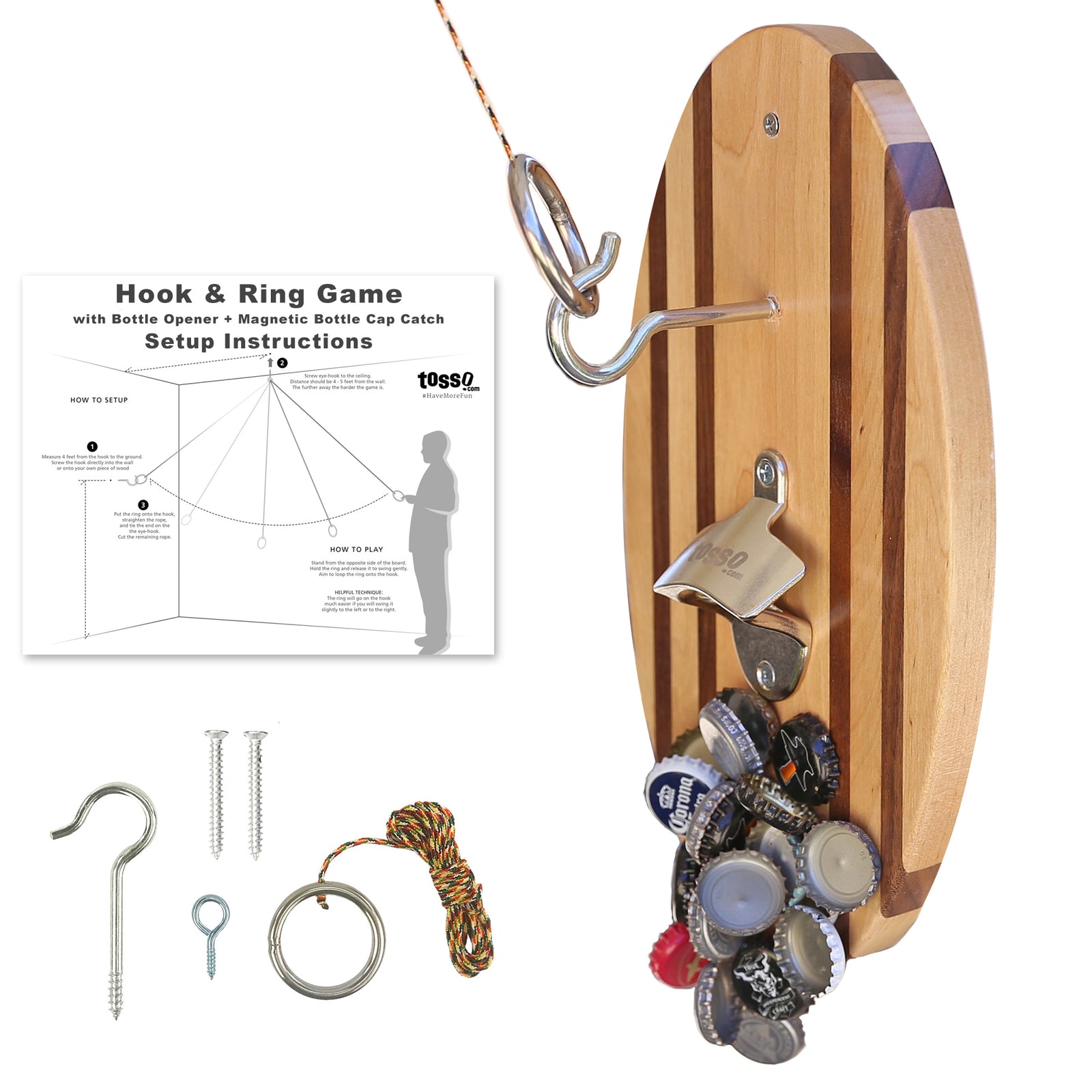 Hammer Crown Hook and Ring Game Pro (Beach Stripes) with Bottle Opener and Magnetic Bottle Cap Catch