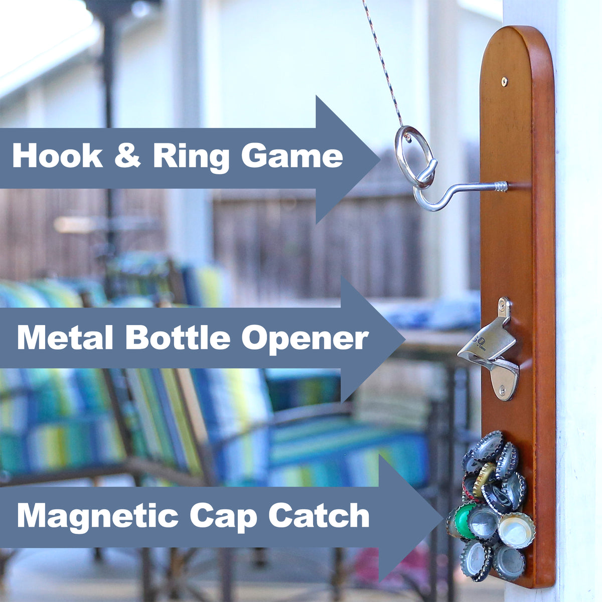Hook and Ring Game with Bottle Opener and Magnetic Bottle Cap Catch